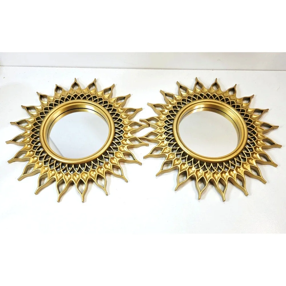 2 pc Decorative Wall Mirror Set Sunflower Starburst 10 Inch Plastic Gold Tone